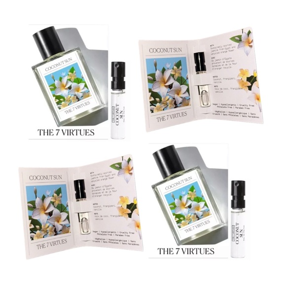 2 x THE 7 VIRTUES Coconut Sun Eau de Parfum Sample - .06 fl oz ea. NEW ON CARDS - Picture 1 of 4